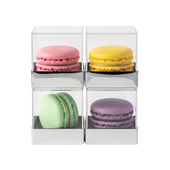 Assorted colorful macarons in clear boxes isolated on transparent background