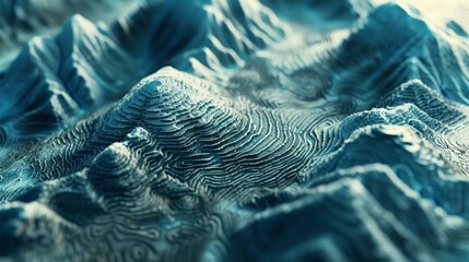 3D topographic map of mountainous terrain with blue contour lines. Abstract digital relief landscape background