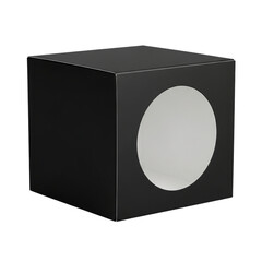 Black cube with a circular cutout on one side isolated on transparent background