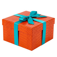 Beautifully wrapped orange gift box with blue ribbon isolated on transparent background