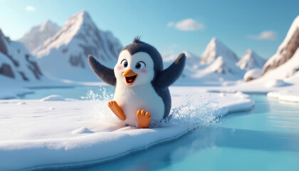 Obraz premium Cute cartoon penguin slides on ice, splashes water in snowy landscape. Mountains and blue sky in background. Penguin has fun in cold winter nature.