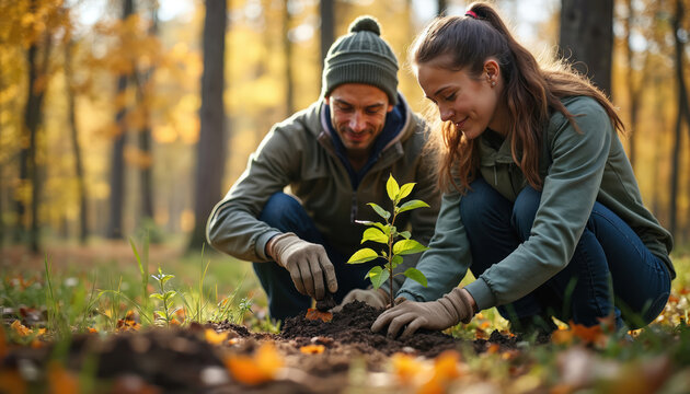 Couple plants young tree sapling in forest during autumn. Man and woman work together outdoors on earth care project. People help grow new trees saving planet.