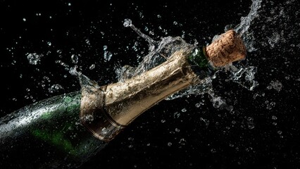 Ultimate Celebration Moment: Champagne bottle explosion with cork popping and sparkling wine splash captured in dramatic high-speed photography on a pure black background.