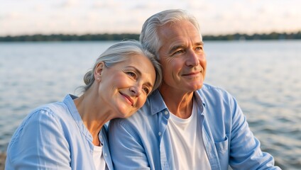 Obraz premium Loving senior couple relaxing by a lake during sunset. Happy elderly man and woman enjoying retirement outdoors. Romantic relationship and aging together concept
