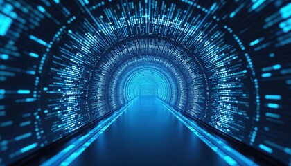 Abstract blue digital tunnel with data streams. Futuristic cyberspace corridor with glowing light particles. Virtual pathway, data flow, tech network concept.