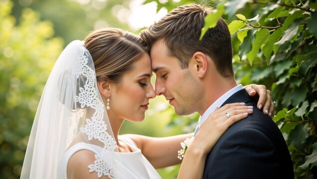 Wedding couple touching foreheads in a garden. Romantic bride and groom portrait outdoors. Close up of husband and wife embracing with love
