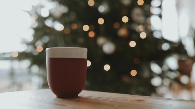 Vapeur d'&eacute;chappant d'une tasse de caf&eacute; dans une ambiance de Noel 