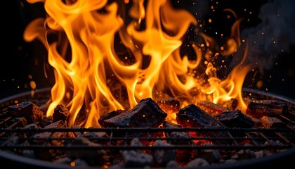 Barbecue Grill Embers With Flames And Abstract Sparks