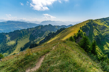 Naklejka premium Breathtaking alpine vistas on the scenic Bregenzerwald forest tour through Tristenkopf peaks
