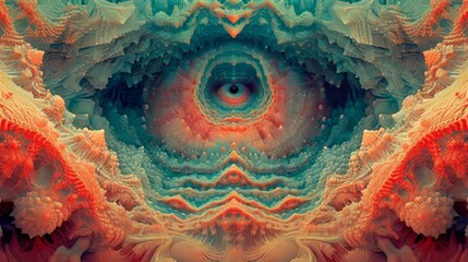 Abstract psychedelic fractal background with central eye. Surreal organic pattern and colorful texture. Symmetrical digital art illustration