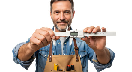 Smiling craftsman wearing an apron proudly presents a high-precision digital caliper tool demonstrating expertise in accurate measurement