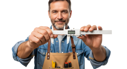 Smiling craftsman wearing an apron proudly presents a high-precision digital caliper tool demonstrating expertise in accurate measurement