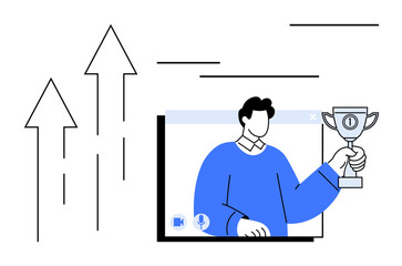 Person on video call screen holding trophy with upward arrows representing success, growth, achievement, and virtual recognition. Ideal for online events, teamwork, business growth, career success