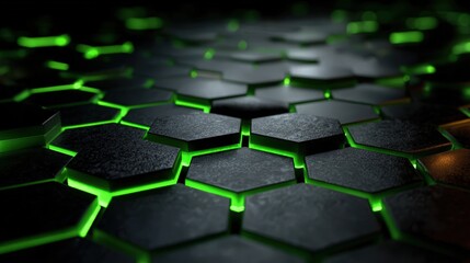 Dark hexagons with neon green glowing edges on surface, abstract geometric pattern creates a futuristic background