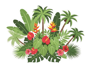 Isometric vector 3D view of a lush tropical plant collection with palm leaves and exotic flowers, vibrant greenery and botanical decor concept