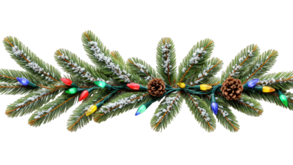 Colorful vintage-style Christmas bulbs decorating snowy pine garland for winter holidays. png