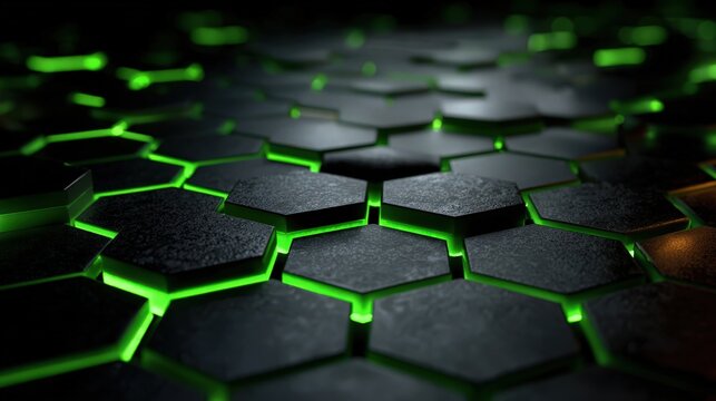 Dark hexagons with neon green glowing edges on surface, abstract geometric pattern creates a futuristic background - Powered by Adobe