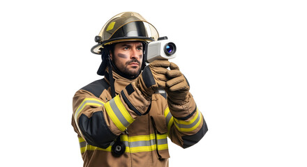 Professional firefighter in protective uniform holding a thermal imaging camera to detect heat sources during an emergency operation