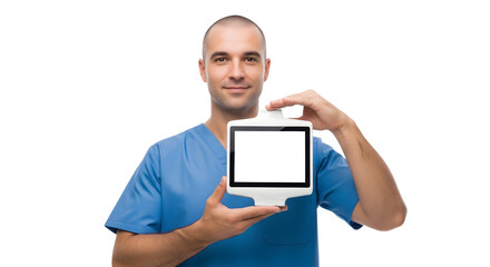 A happy male doctor wearing scrubs proudly displays a modern white digital tablet with a blank screen