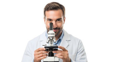 Dedicated male scientist in a white lab coat using a microscope for precise observation and analytical study in a professional research environment