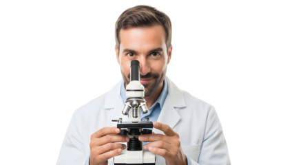 Dedicated male scientist in a white lab coat using a microscope for precise observation and analytical study in a professional research environment
