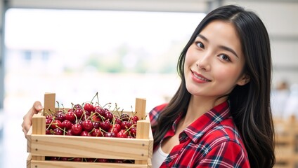 Portrait of a smiling young Asian woman holding a wooden crate of fresh cherries. Female farmer presenting her harvest in a warehouse. Agriculture and local produce concept with copy space