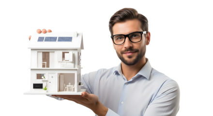 A friendly smiling professional man in glasses holding a detailed miniature house model with solar panels for eco-friendly future homes