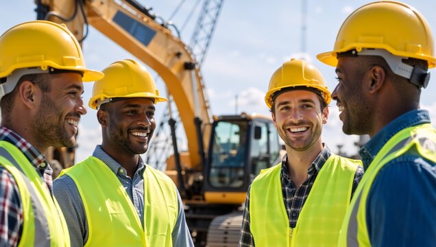 Diverse team of construction workers smiling on a job site. Group of builders in hard hats collaborating outdoors with an excavator in the background