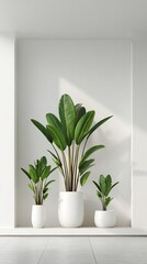 Fototapeta premium A modern interior featuring three elegant houseplants in white pots, creating a tranquil and stylish atmosphere ideal for home decor enthusiasts and interior designers alike.