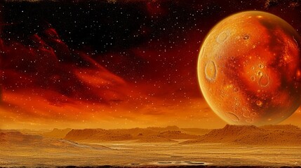 Alien landscape on a barren planet with a red sky full of stars. A large cratered moon or planet in orbit. Science fiction background for a space exploration concept