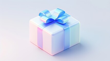 Iridescent gift box with a shiny blue ribbon and bow. Modern 3D render of a holographic present for a birthday or holiday celebration