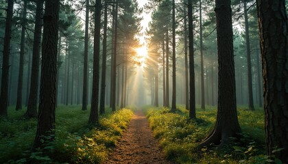 Obraz premium Sunlight beams through tall pine trees onto a forest path. Rich green plants grow beside the trail. This tranquil scene offers a sense of peace and natural beauty.