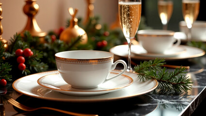 Fototapeta premium Elegant table setting with Christmas decor and sparkling wine 