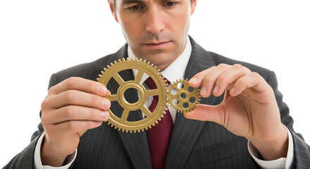 Focused Businessman Carefully Examines Interlocking Golden Gears Symbolizing System Collaboration and Problem Solving