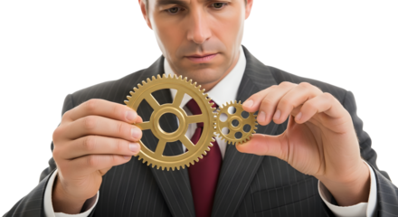 Focused Businessman Carefully Examines Interlocking Golden Gears Symbolizing System Collaboration and Problem Solving