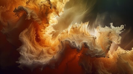 Abstract background of swirling orange and gold liquid in fluid motion. A dynamic explosion of ink or smoke creating a cosmic nebula effect