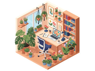 Isometric vector 3D view of a creative workspace surrounded by plants and flowers, calm and inspiring environment for productivity and design work
