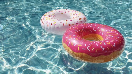 Inflatable donut pool float with pink frosting and colorful sprinkles sits on a pink surface, summer fun