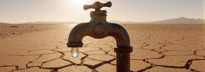 Faucet pouring rare water onto arid desert ground 