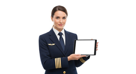 Professional woman pilot showing a modern tablet computer screen for business presentations or informational display