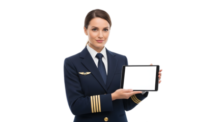 Professional woman pilot showing a modern tablet computer screen for business presentations or informational display