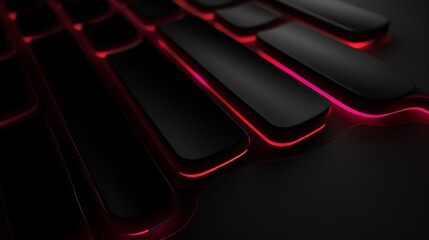 A close-up of a modern black gaming keyboard with red backlighting. Futuristic technology and computer hardware concept on a dark abstract background