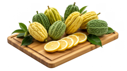 Bitter melons and orange slices on wooden cutting board isolated on a transparent background