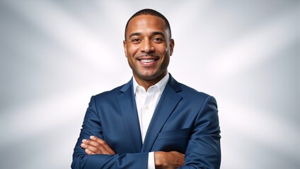 Confident smiling african american businessman with arms crossed. Professional male executive in a blue suit posing for a corporate headshot in a studio