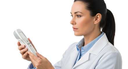 Expert female doctor carefully operating a sophisticated electronic device symbolizing medical innovation and research