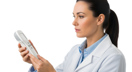 Expert female doctor carefully operating a sophisticated electronic device symbolizing medical innovation and research