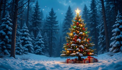 Christmas Tree On Snow In Night Forest