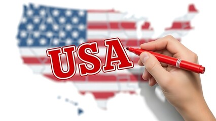 A hand writes on a united states map with the american flag pattern, representing national identity