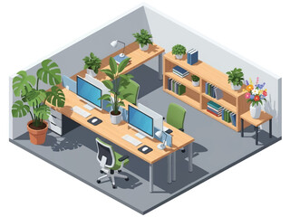 Isometric vector 3D view of a modern office interior enhanced with decorative plants, promoting biophilic design and healthy work environment