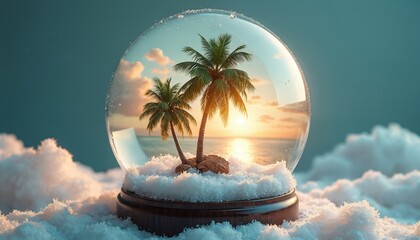 Snow globe holds tropical island with palm trees against sunset ocean view. Base rests on artificial snowdrift clouds. Dreamy scene evokes vacation escape.